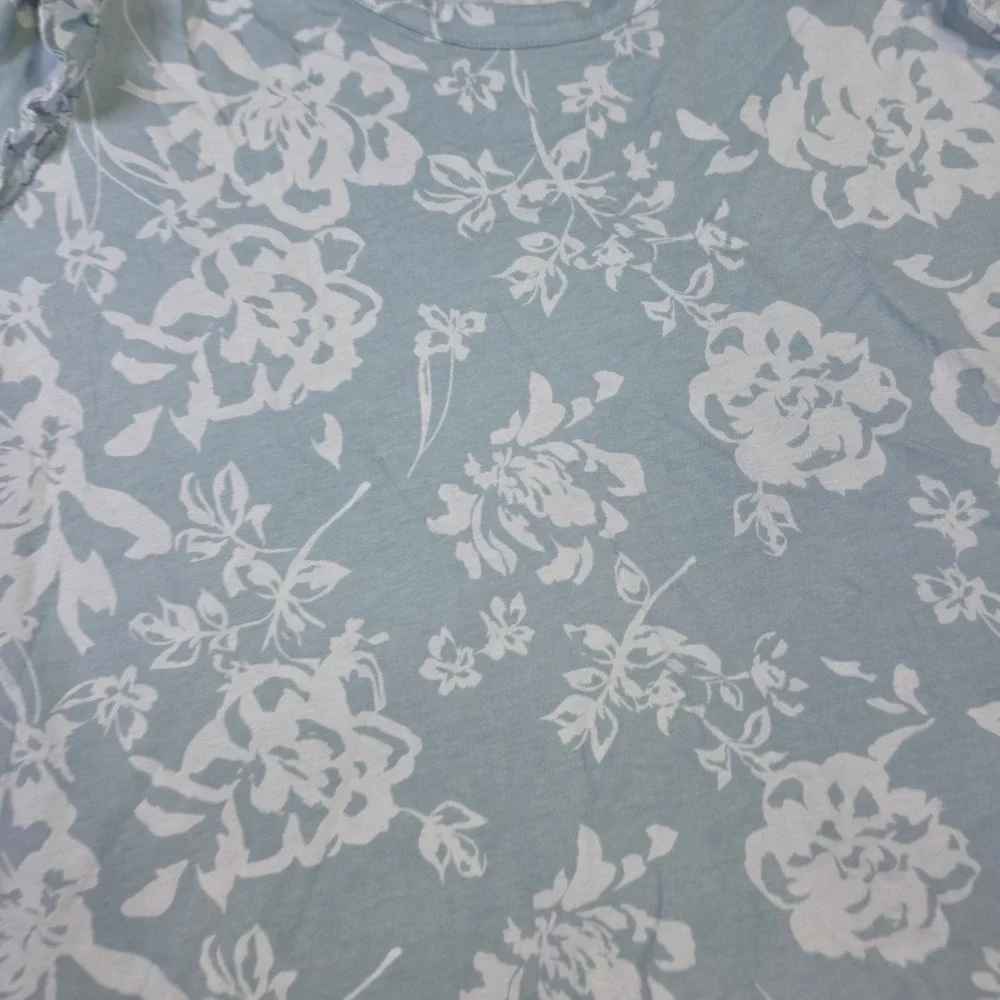 Loft Outlet Blue Floral Ruffle Shoulder Long Sleeve Top Large